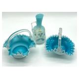 Three Pieces of Antique Victorian Aqua Blue Glassware including a Victorian Blue Spangle Basket with Thorn Handle