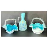 Three Pieces of Antique Victorian Aqua Blue Glassware including a Victorian Blue Spangle Basket with Thorn Handle