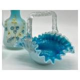 Three Pieces of Antique Victorian Aqua Blue Glassware including a Victorian Blue Spangle Basket with Thorn Handle