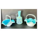 Three Pieces of Antique Victorian Aqua Blue Glassware including a Victorian Blue Spangle Basket with Thorn Handle