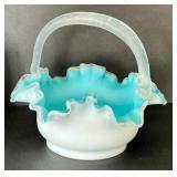 Three Pieces of Antique Victorian Aqua Blue Glassware including a Victorian Blue Spangle Basket with Thorn Handle