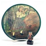 Antique Swedish Painted Plate and Miniature Wooden Carved Figurine