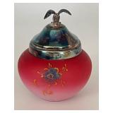Antique Victorian Satin glass Jar with Bird Figurine Lid