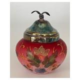 Antique Victorian Satin glass Jar with Bird Figurine Lid