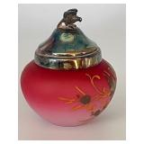 Antique Victorian Satin glass Jar with Bird Figurine Lid