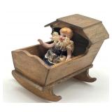 Vintage Dollhouse Miniature Cradle and Doll