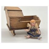 Vintage Dollhouse Miniature Cradle and Doll