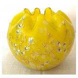 Victorian Canary Yellow Spatter Glass Hand Painted Rose Bowl