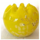 Victorian Canary Yellow Spatter Glass Hand Painted Rose Bowl