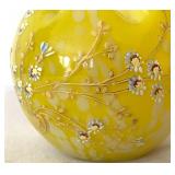 Victorian Canary Yellow Spatter Glass Hand Painted Rose Bowl