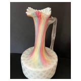 Three Pieces of Antique Victorian Glassware including a Victorian Rainbow Splash Vase