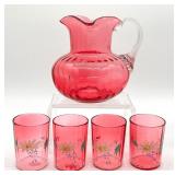 Antique Victorian Cranberry Glass Pitcher and Four Hand Painted Tumblers