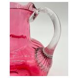 Antique Victorian Cranberry Glass Pitcher and Four Hand Painted Tumblers