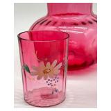 Antique Victorian Cranberry Glass Pitcher and Four Hand Painted Tumblers