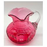 Antique Victorian Cranberry Glass Pitcher and Four Hand Painted Tumblers
