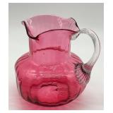 Antique Victorian Cranberry Glass Pitcher and Four Hand Painted Tumblers