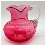 Antique Victorian Cranberry Glass Pitcher and Four Hand Painted Tumblers