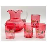 Antique Victorian Cranberry Glass Pitcher and Four Hand Painted Tumblers