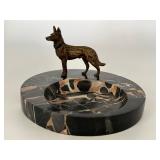 Vintage Marble Desk Tray with Bronze German Shepard Figurine
