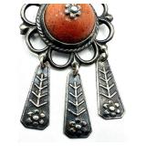 Vintage Sterling (875) Ornament Brooch with Baltic Amber