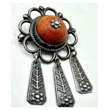Vintage Sterling (875) Ornament Brooch with Baltic Amber
