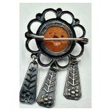 Vintage Sterling (875) Ornament Brooch with Baltic Amber