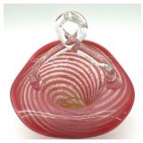 Antique Striped Unique Hand Blown Art Glass Bowl with Twisted Handle