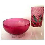 Antique Victorian Cranberry Glass Footed Bowl and Petite Hand Painted Glass Tumbler