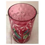 Antique Victorian Cranberry Glass Footed Bowl and Petite Hand Painted Glass Tumbler