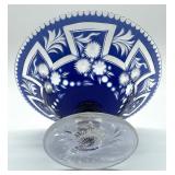 Vintage Crystal Cobalt Blue Cut to Clear Compote