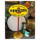 Oval Pennzoil Porcelain Sign on Original Cast Iron Base