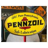 Oval Pennzoil Porcelain Sign on Original Cast Iron Base