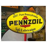 Oval Pennzoil Porcelain Sign on Original Cast Iron Base