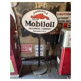 Gargoyle Mobiloil Porcelain Sign on Original Cast Iron Base