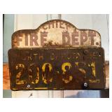 1955 ND License Plate with Chief Fire Dept.Topper
