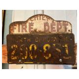 1955 ND License Plate with Chief Fire Dept.Topper