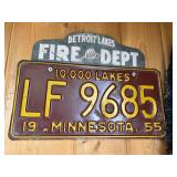 1955 MN License Plate with Detroit Lakes Fire Dept Topper