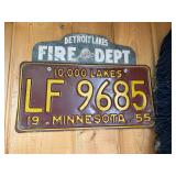 1955 MN License Plate with Detroit Lakes Fire Dept Topper