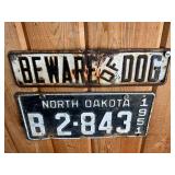 1951 ND License Plate & Beware of Dog Metal Sign