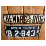 1951 ND License Plate & Beware of Dog Metal Sign