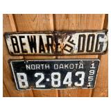 1951 ND License Plate & Beware of Dog Metal Sign
