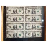 Department of The Treasury Framed Uncut Sheet of Dollar Bills