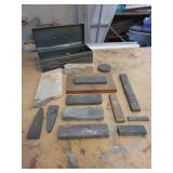 Lot of Assorted Sharpening Stones in Metal Toolbox