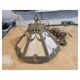 Vintage 7 Panel Slag Glass Metal Filigree Swag Lamp - NO SHIPPING