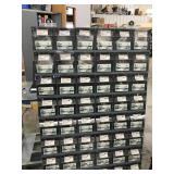 66 BIN CABINET WITH ASSORTED ITEMS