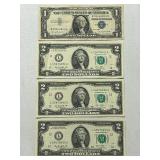 Lot Of (3) $2 Notes & (1) $1 Silver Certificate