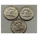 (3) 1960  Franklin Silver Half Dollars -- (2) D & (1) P Mints