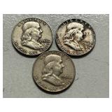 (3) 1958-D Franklin Silver Half Dollars