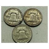 (3) 1958-D Franklin Silver Half Dollars