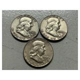 (3) 1958-D Franklin Silver Half Dollars